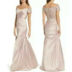La Femme Blush Pink Off-Shoulder Satin Evening Gown